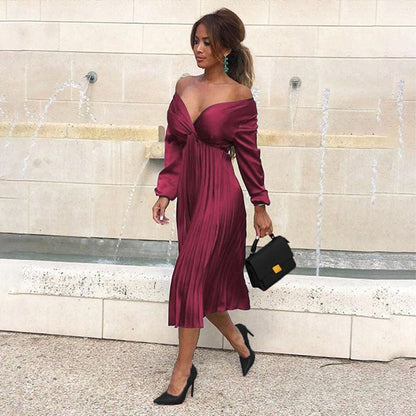 Women V Neck Midi Dress Autumn Long Sleeve Evening Party Dresses Ladies Pleated Long Dress Clubwear Vestidos