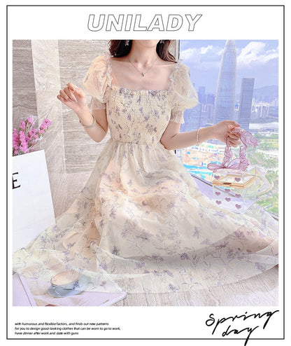 Summer Chiffon Elegant Kawaii Dress Women Floral Print Sweet Princess Casual Midi Dress Female Puff Sleeve Party Holiday Dress