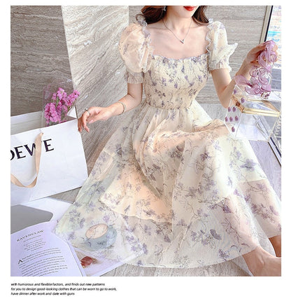 Summer Chiffon Elegant Kawaii Dress Women Floral Print Sweet Princess Casual Midi Dress Female Puff Sleeve Party Holiday Dress