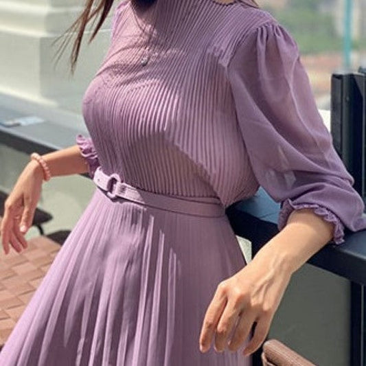 Autumn Fashion Streetwear Long Dress Design French Pleated Maxi Dress Women Elegant O Neck Long Sleeve A-Line Dress