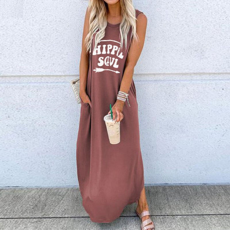 Casual Women O-Neck Long Dresses Summer Letter Printed Sleeveless Beach Sundress Daliy Boho Long Maxi Dress Vestidos