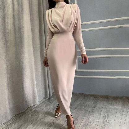 Midi Dress Women Long Sleeve Hight Waist Elegant Dresses Autumn  Lady Party Dresses Front Ruched Hem Split Solid