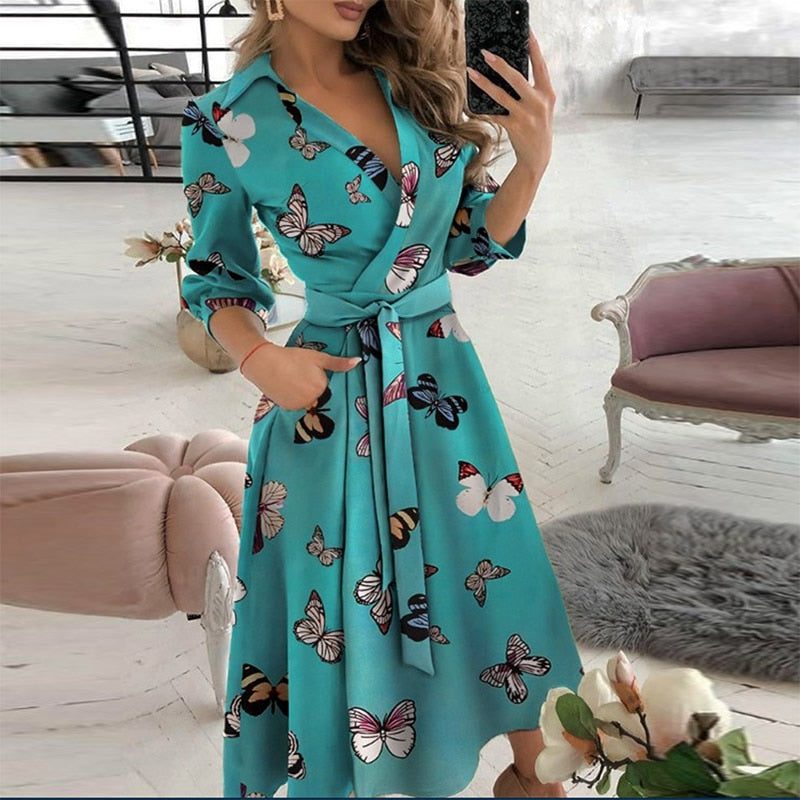 Elegant Women Letter Diamond Print Party Dresses Spring Fashion Sexy V-Neck Belt A-Line Dresses Female Casual Long Sleeve Dress