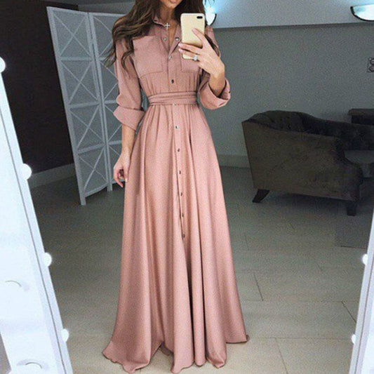 Women Summer Shirt Style Maxi Dress Long Sleeve Casual Loose High Street Dress Clothing Plus Size S-3XL