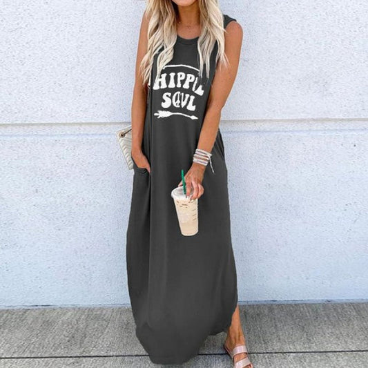 Casual Women O-Neck Long Dresses Summer Letter Printed Sleeveless Beach Sundress Daliy Boho Long Maxi Dress Vestidos