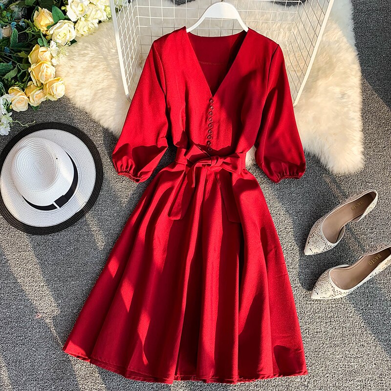 Spring Summer  Women Dress Solid V-Neck Three Quarter Sleeve Vestidos Chic Sashes High Waist Knee-Length Robe