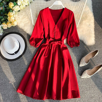 Spring Summer  Women Dress Solid V-Neck Three Quarter Sleeve Vestidos Chic Sashes High Waist Knee-Length Robe