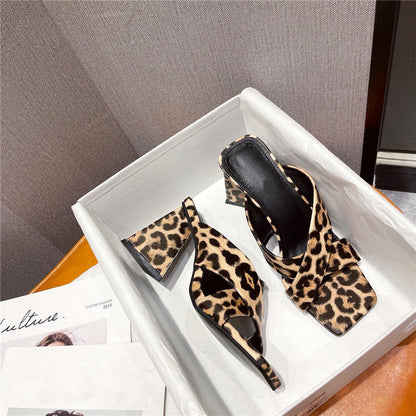 elveswallet Leopard Triangle High Heels Sandals