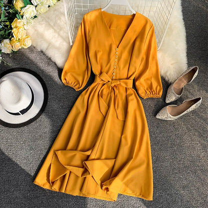 Spring Summer  Women Dress Solid V-Neck Three Quarter Sleeve Vestidos Chic Sashes High Waist Knee-Length Robe