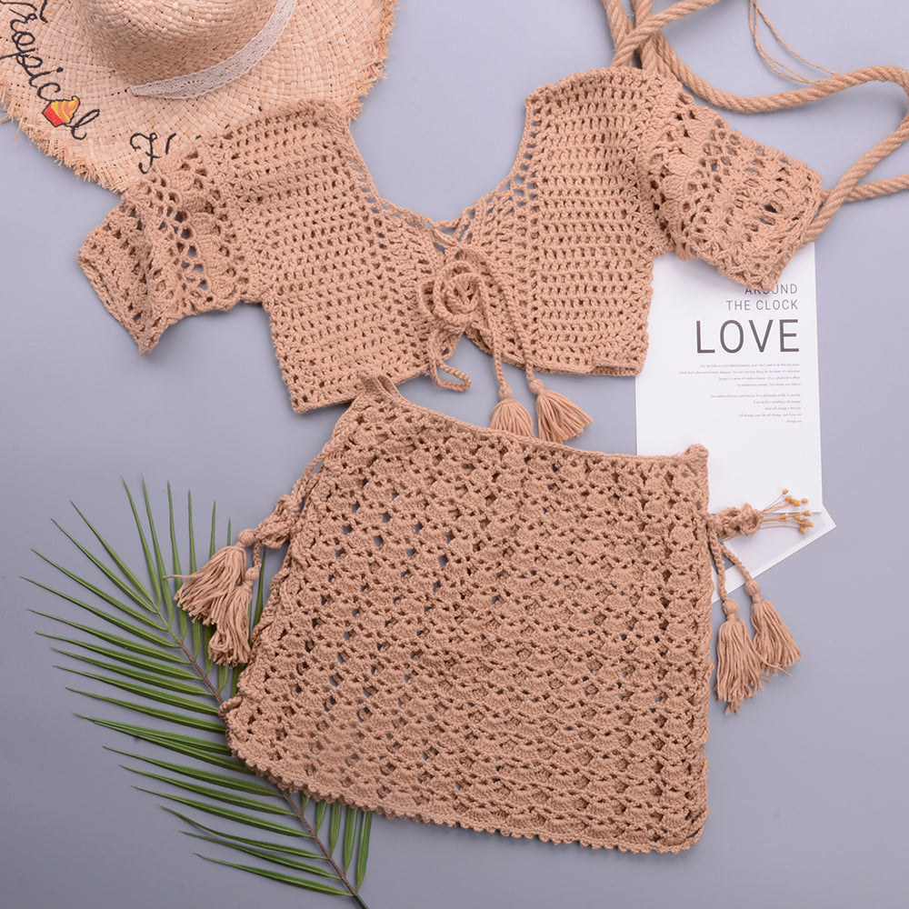 elveswallet Crochet Tassel 2 Piece Skirt Set Bikini