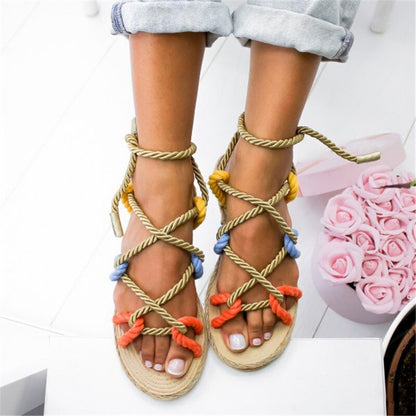 elveswallet Peep Toe Cross Lace Up Flat Sandals