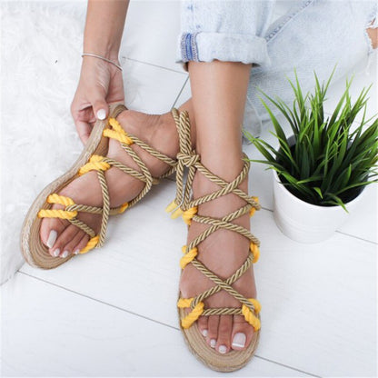 elveswallet Peep Toe Cross Lace Up Flat Sandals