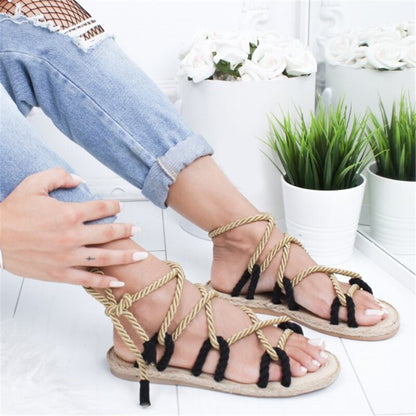 elveswallet Peep Toe Cross Lace Up Flat Sandals