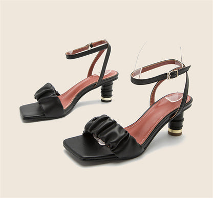 elveswallet Pleated Thin High Heel Open Toe Buckle Sandals