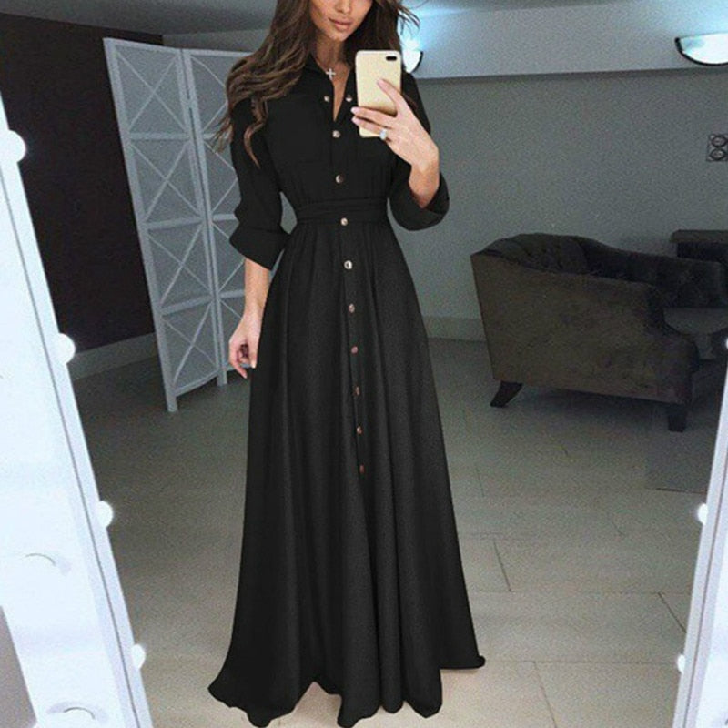 Women Summer Shirt Style Maxi Dress Long Sleeve Casual Loose High Street Dress Clothing Plus Size S-3XL