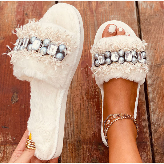 elveswallet Luxury Beaded Furry Plush Slippers