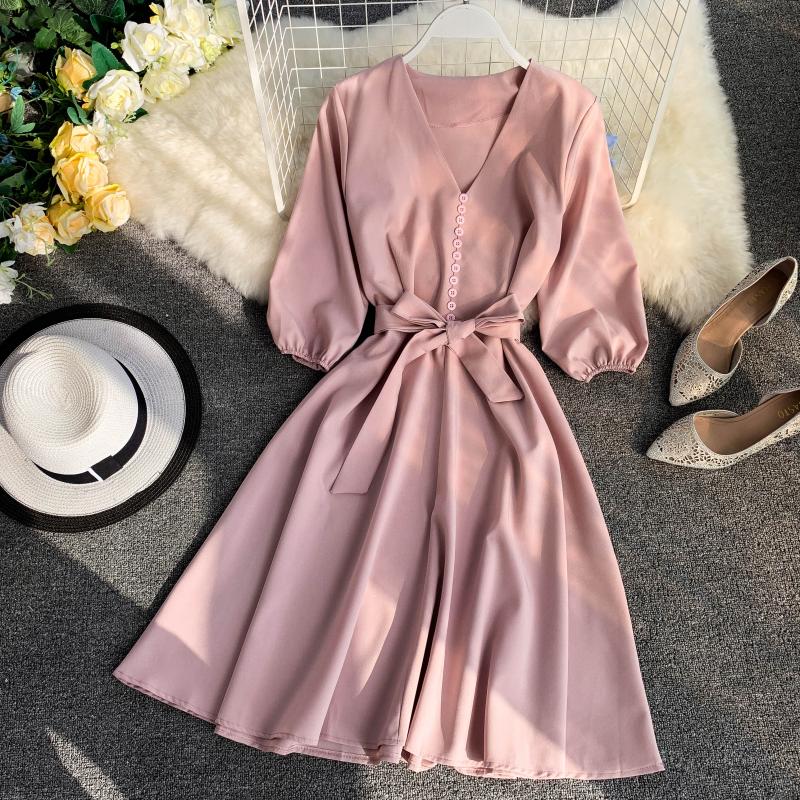 Spring Summer  Women Dress Solid V-Neck Three Quarter Sleeve Vestidos Chic Sashes High Waist Knee-Length Robe