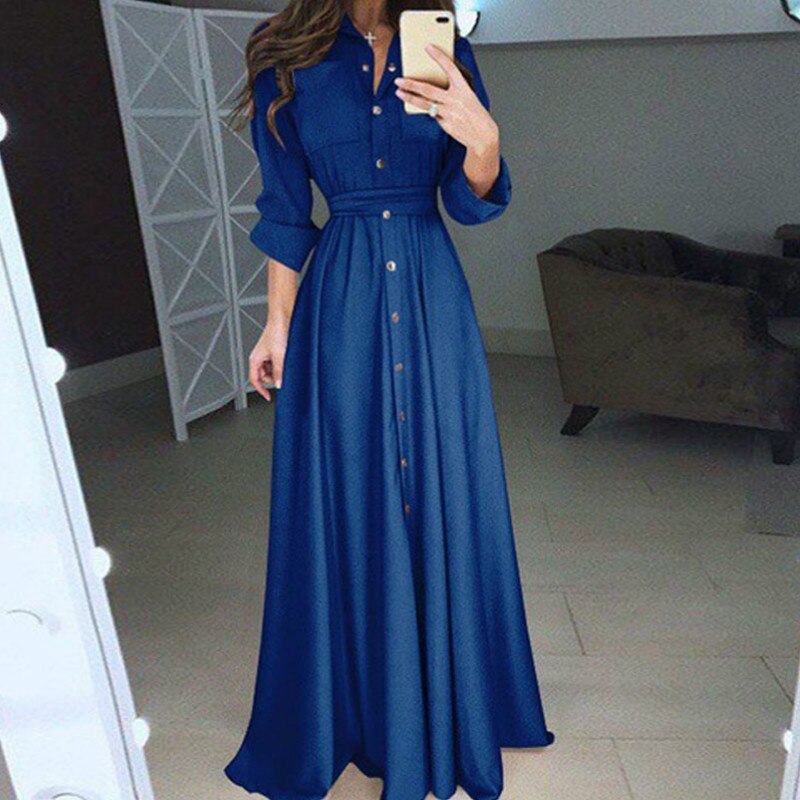 Women Summer Shirt Style Maxi Dress Long Sleeve Casual Loose High Street Dress Clothing Plus Size S-3XL