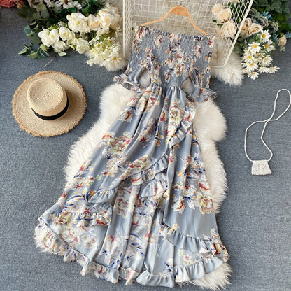 Vintage Ruffles Floral Print  Split  Off Shoulder Dress Summer Maxi Long Party Women Irregular Beach Holiday Dress