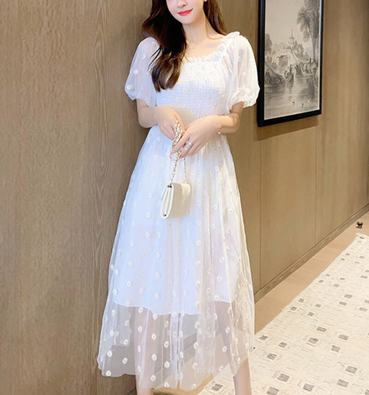 Summer High Waist Casual Mesh Dress Women Short Sleeve Daisy Embroidery Streetwear Korean Style Party Dress Female Vestidos