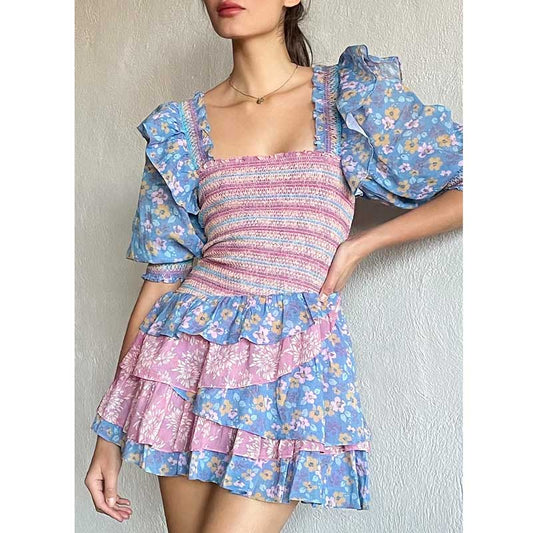 Inspired mixed floral prints ruffled party dress puff sleeve square neck smocked sexy laides dress mini chic summer dress