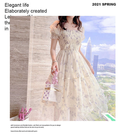 Summer Chiffon Elegant Kawaii Dress Women Floral Print Sweet Princess Casual Midi Dress Female Puff Sleeve Party Holiday Dress