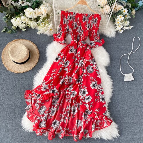 Vintage Ruffles Floral Print  Split  Off Shoulder Dress Summer Maxi Long Party Women Irregular Beach Holiday Dress