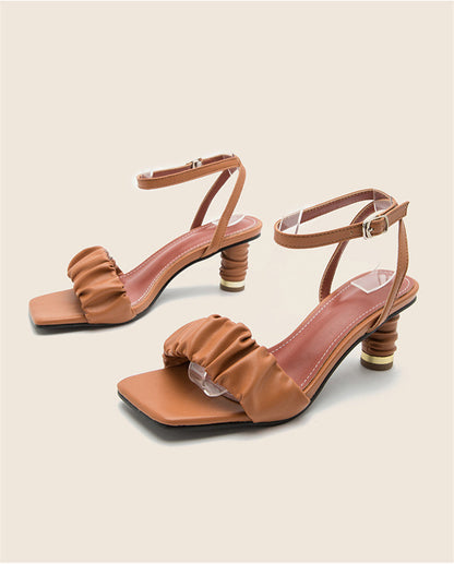 elveswallet Pleated Thin High Heel Open Toe Buckle Sandals