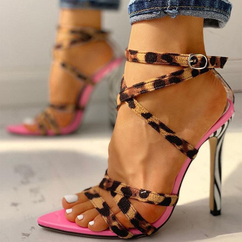 elveswallet Leopard Multi-Strap Crisscross Sandals