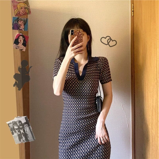 Women Dress Knitting Spring Autumn Sheath Knee-Length Plaid Short Empire Turn-Down Collar Girls Dress Preppy Style Sweet