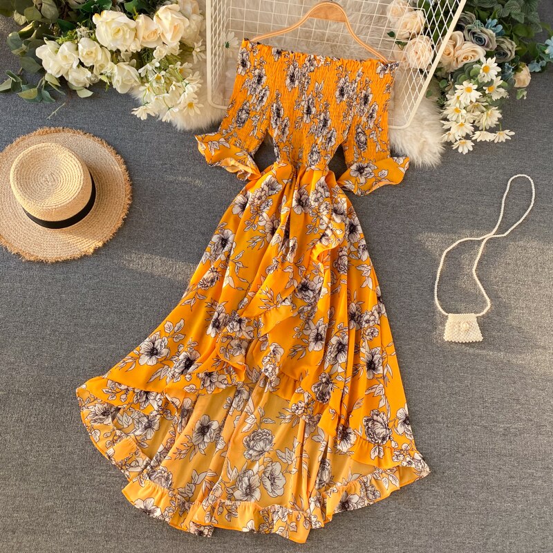 Vintage Ruffles Floral Print  Split  Off Shoulder Dress Summer Maxi Long Party Women Irregular Beach Holiday Dress