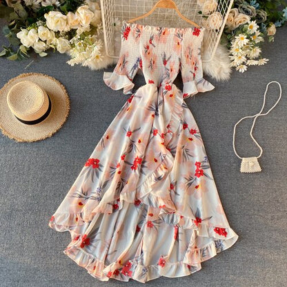 Vintage Ruffles Floral Print  Split  Off Shoulder Dress Summer Maxi Long Party Women Irregular Beach Holiday Dress