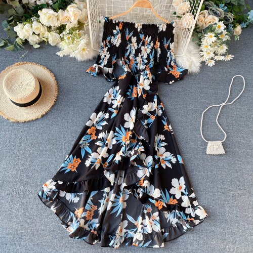 Vintage Ruffles Floral Print  Split  Off Shoulder Dress Summer Maxi Long Party Women Irregular Beach Holiday Dress