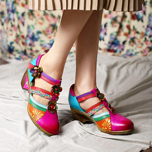 elveswallet Retro Collision Colors Mary Jane Hollow Sandals