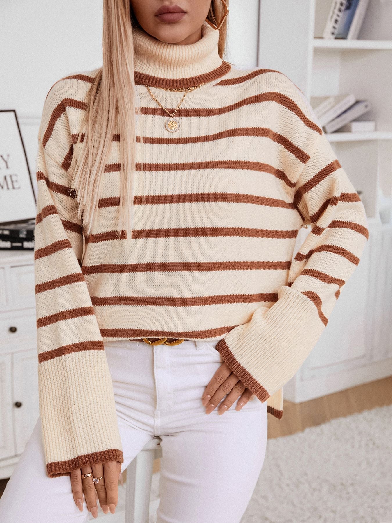 elveswallet Loose Fitted Turtleneck Striped Knit Sweater