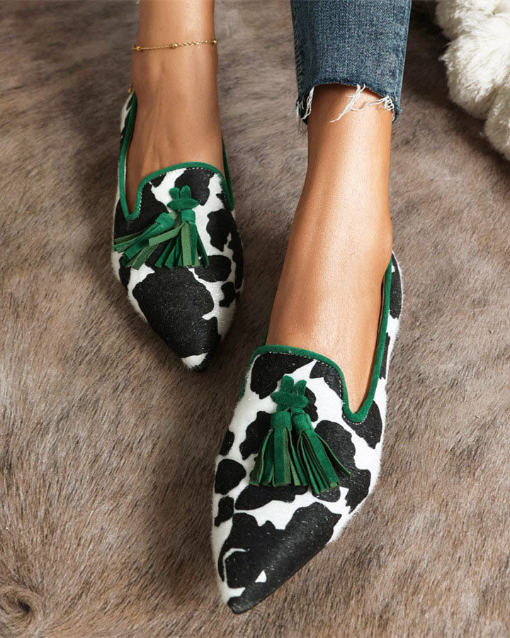 elveswallet Pointed-toe Fringe Leopard Contrast Mules