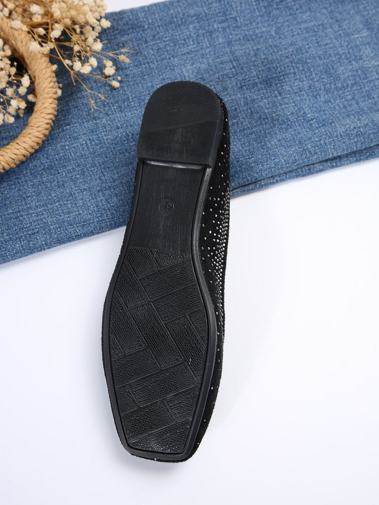 elveswallet Diamond-studded black matte round-toe flat shoes