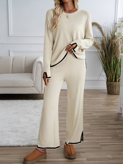 elveswallet Contrasting trim Solid color knitted sweater and pants set