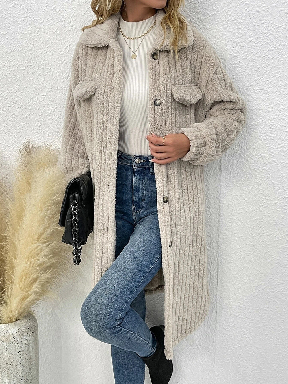 elveswallet Plush lapel long sleeve long coat