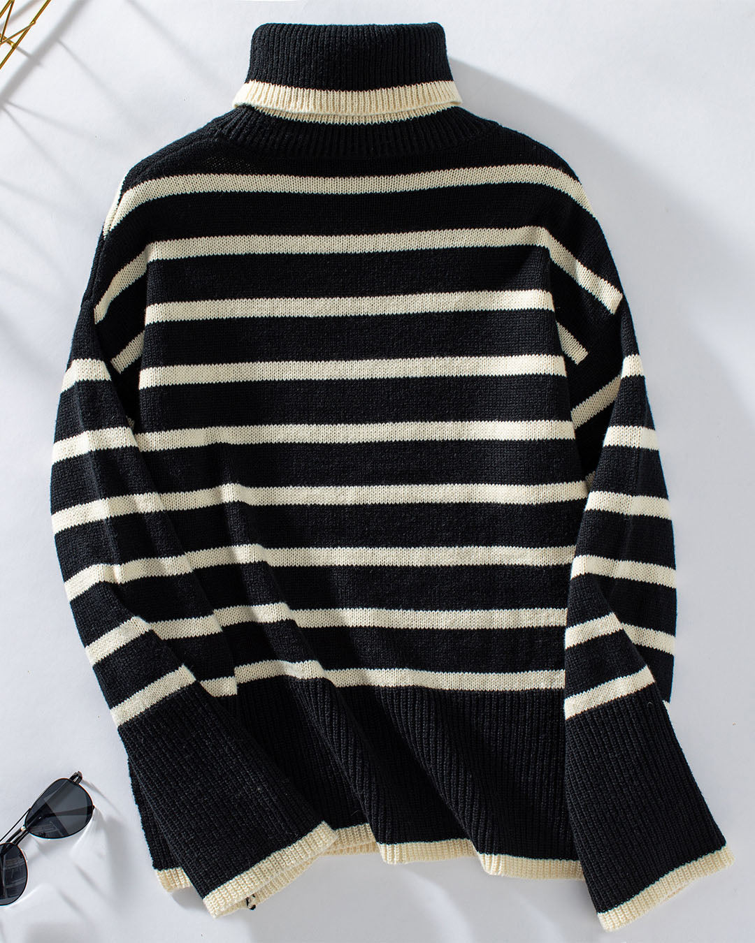 elveswallet Loose Fitted Turtleneck Striped Knit Sweater