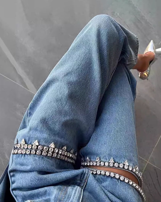 elveswallet Blue Distressed Rhinestone Embellishments Jeans