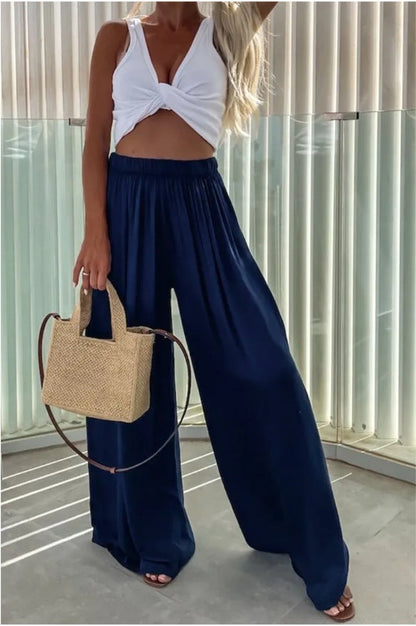 elveswallet Elastic waistband high waist pleated wide leg pants