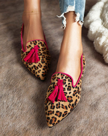 elveswallet Pointed-toe Fringe Leopard Contrast Mules