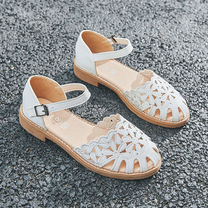 elveswallet Retro Round Toe Sewing Buckle Sandals