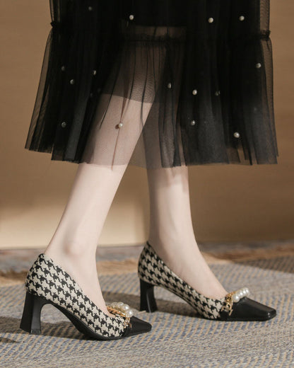 elveswallet Pearl-Embellished Chunky Heel Plaid Velvet Shoes