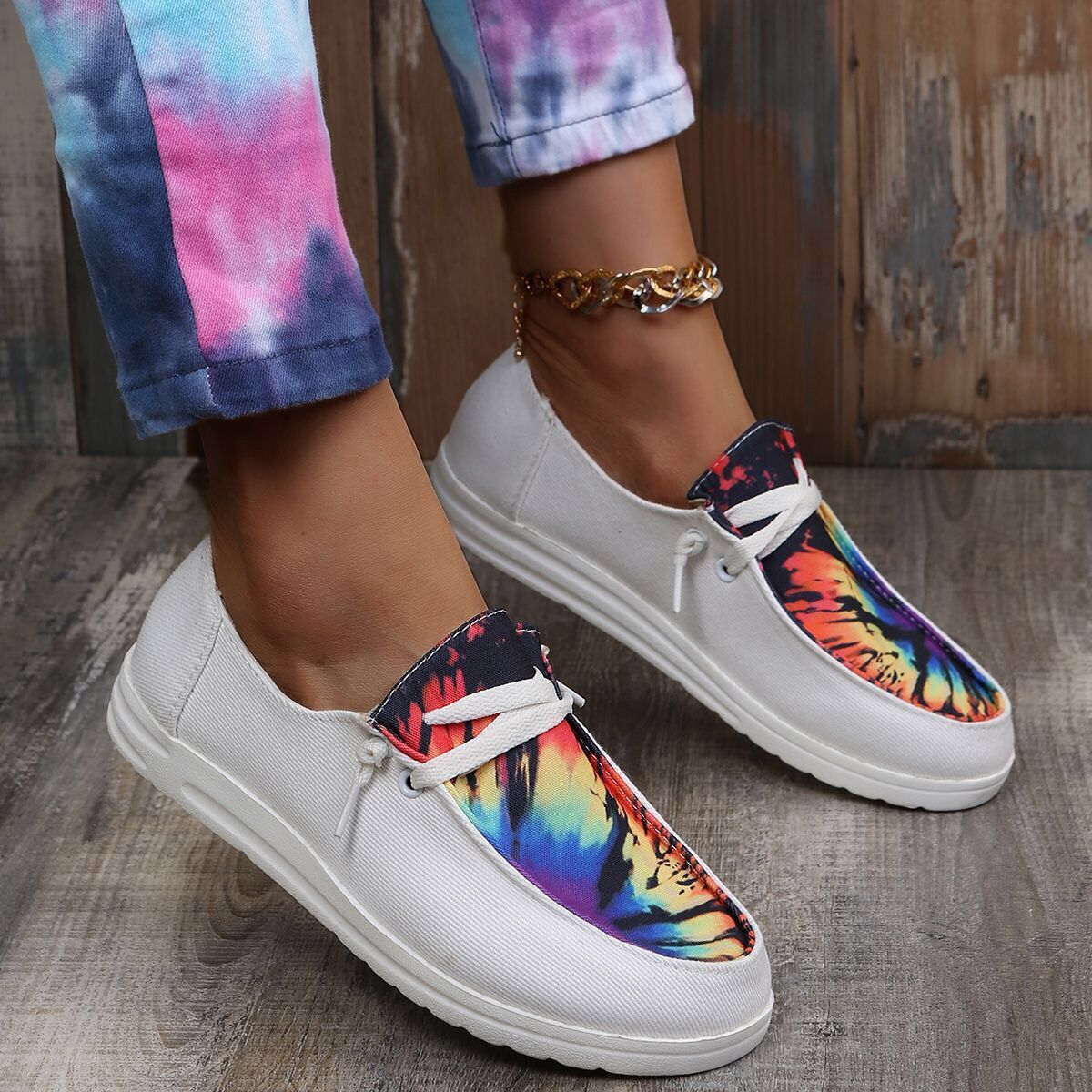 elveswallet Color-block Lace-up Canvas Flat Shoes