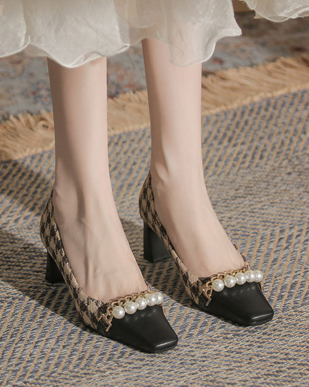 elveswallet Pearl-Embellished Chunky Heel Plaid Velvet Shoes