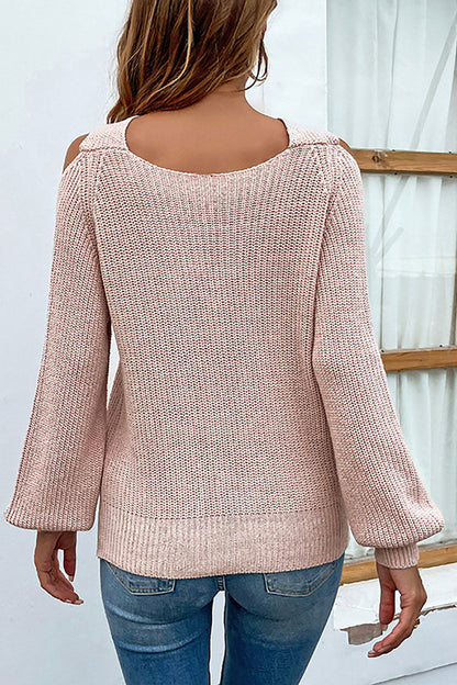 elveswallet Cross Halter Balloon Sleeve Off-Shoulder Knit Sweater