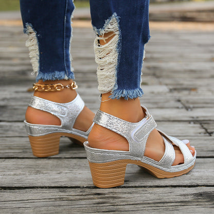 elveswallet Metal Buckle Stitch Detail Chunky Heel Sandals