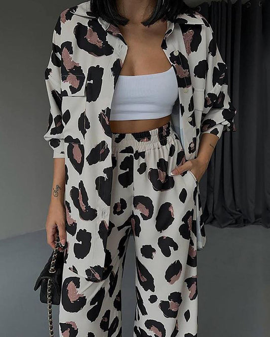 elveswallet Leopard Print Long Sleeve Shirt Wide Leg Pants Two-Piece Set